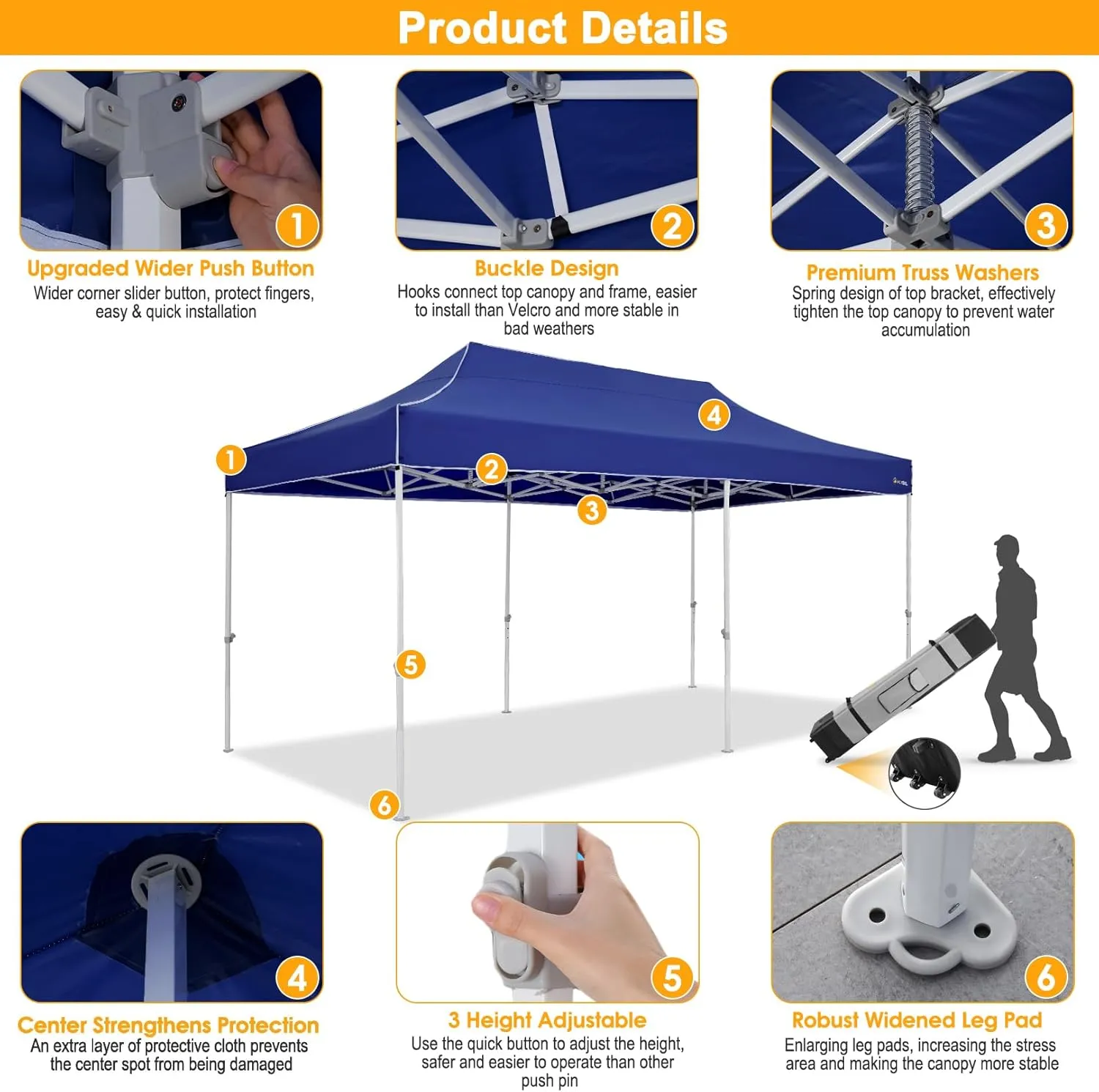 HOTEEL 10x20 Heavy Duty Pop Up Canopy Tent for Parties Event Wedding Commercial Instant Canopy with Roller Bag, Party Tent Waterproof UV 50 &Windproof, Upgraded Thick Hexagonal Legs, Deep Blue