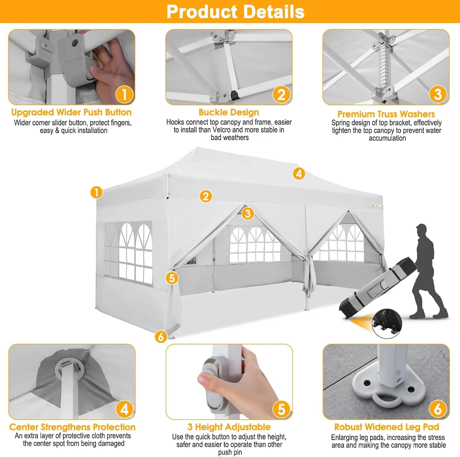 HOTEEL 10x20 Heavy Duty Pop Up Canopy Tent with Sidewalls, Commercial Outdoor Canopy Tents for Parties Event Wedding with Roller Bag, Waterproof & UV 50 , Upgraded Thickened Hexagonal Legs, White
