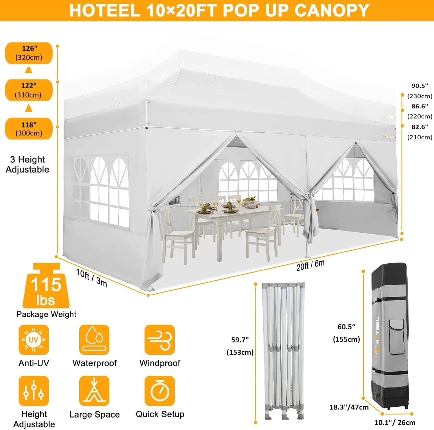 HOTEEL 10x20 Heavy Duty Pop Up Canopy Tent with Sidewalls, Commercial Outdoor Canopy Tents for Parties Event Wedding with Roller Bag, Waterproof & UV 50 , Upgraded Thickened Hexagonal Legs, White
