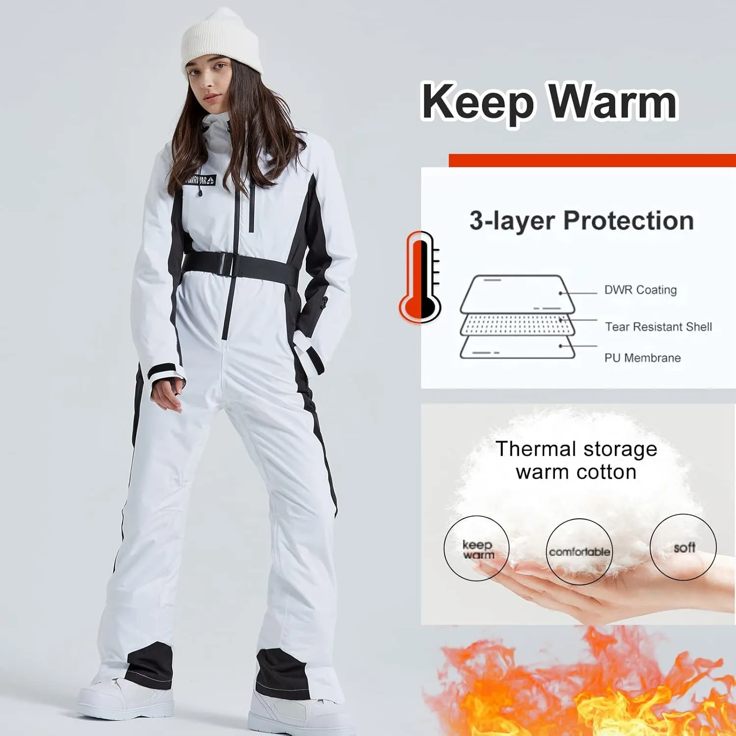 HOTIAN Women One Piece Ski Suits Slim Fit Overalls Jumpsuits Waterproof Winter Outdoor Snowboard Snow Suits