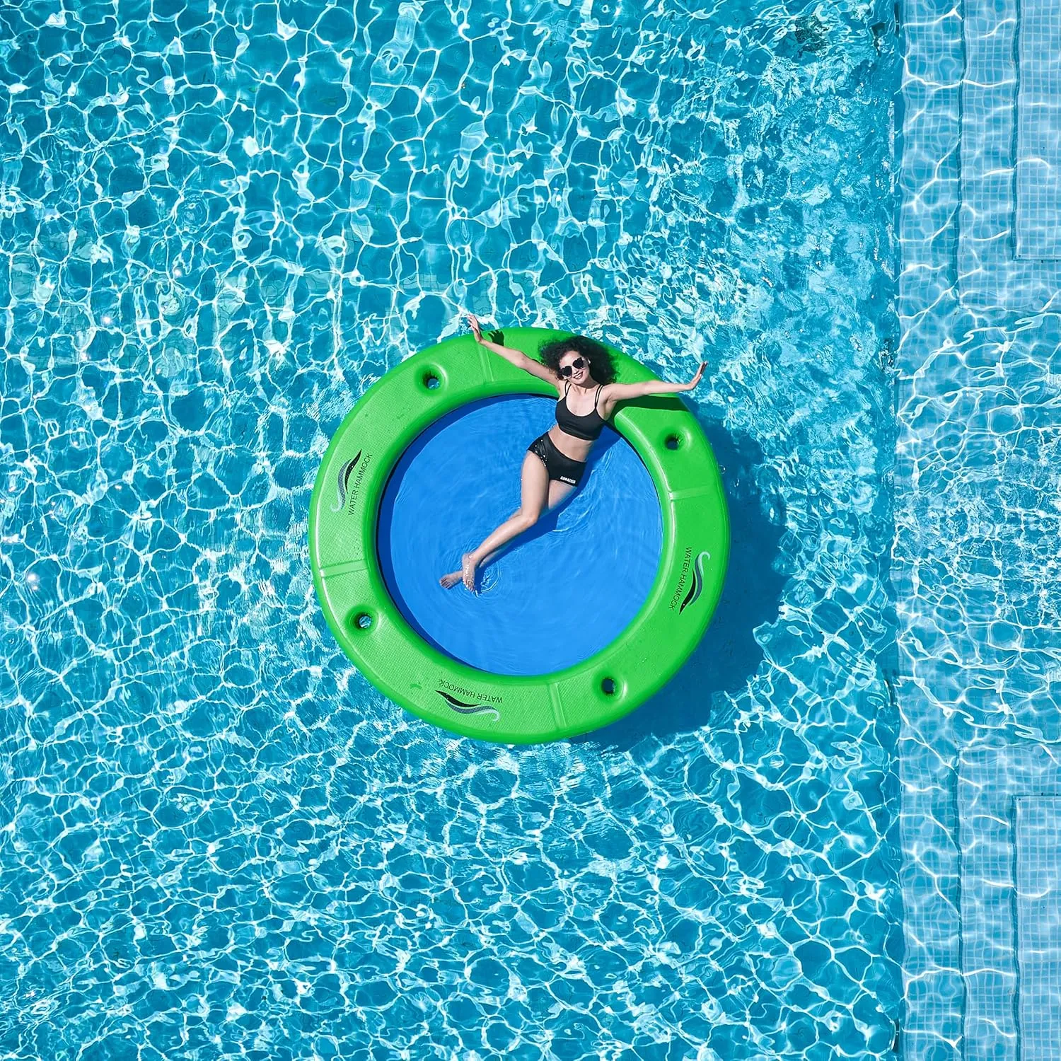 HUATEAN Sun Chill Float Ring for Adults Heavy Duty, 8ft Round Inflatable Water Hammock for Summer Party, Inflatable Dock Floating Platform, Inflatable Floating Dock for Lake, Pool, Mesh Ring Float