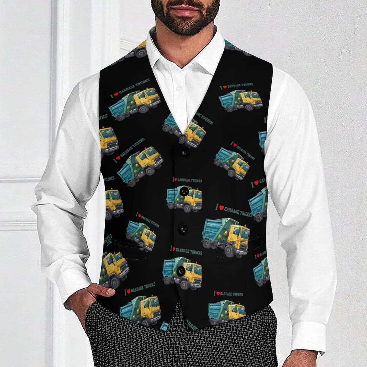 I Love Garbage Trunks Suit Vest for Men Slim Fit Waistcoat Button Up V Neck Business Casual Dress Coat