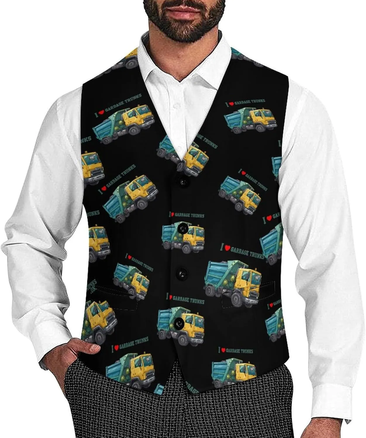I Love Garbage Trunks Suit Vest for Men Slim Fit Waistcoat Button Up V Neck Business Casual Dress Coat