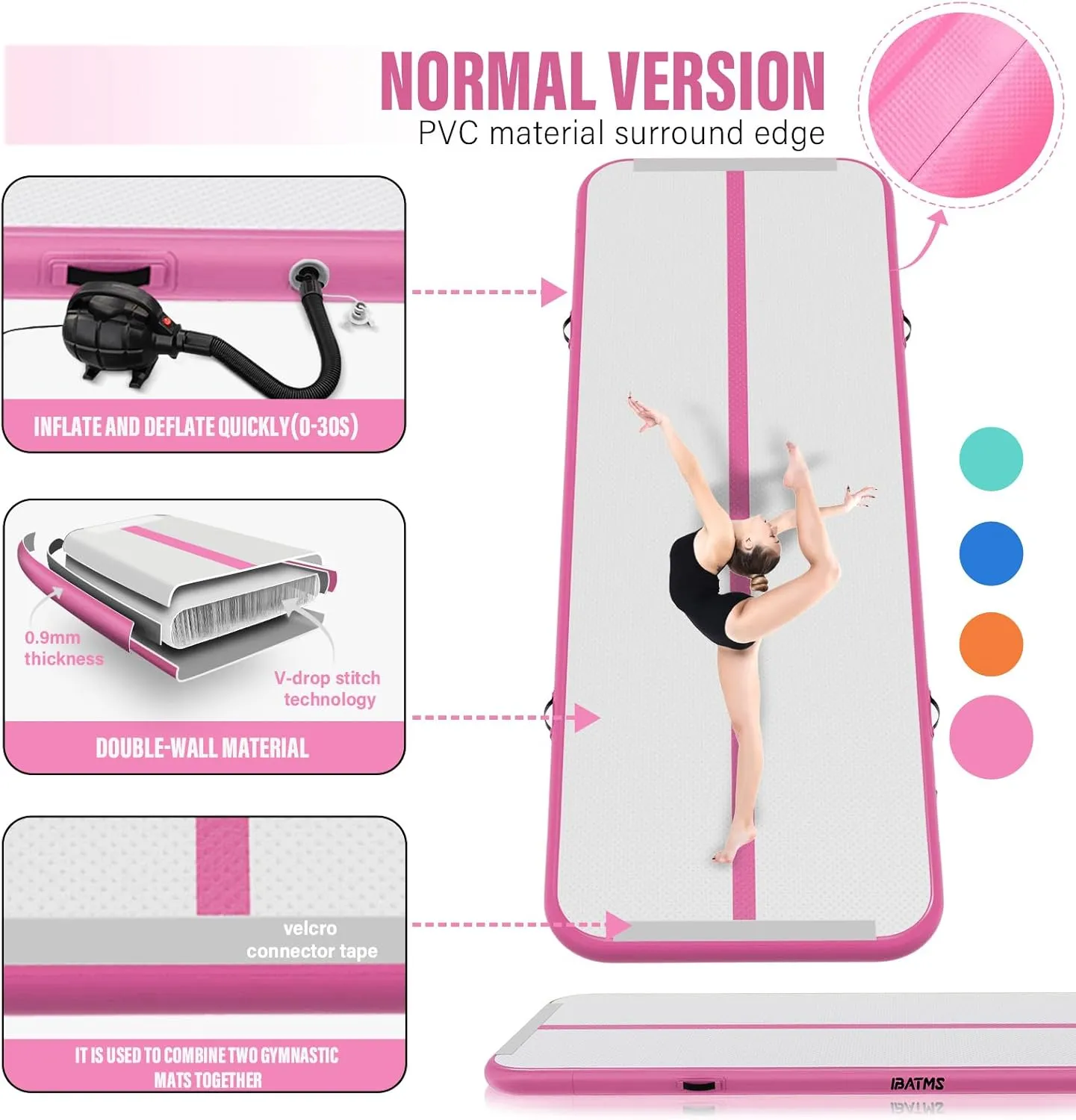 IBATMS Air Tumbling Mat, 6ft/10ft/13ft/16ft/20ft Inflatable Gymnastics Air Mat 4inch/8inch for Gymnastics Training/Home Use/Cheerleading/Yoga/Water with Pump