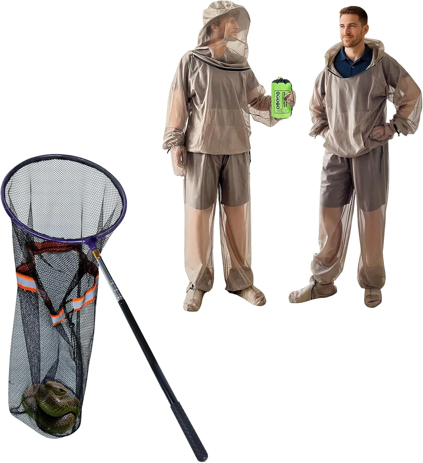 IC ICLOVER 4-Piece Mosquito Jacket Large/X-Large Snake Catcher Net, Bug Jacket with Hood, Mosquito Net Suits for Gardening Fishing，Rattle Snake Catching and Transport Picker, Extended from 16" to 59"