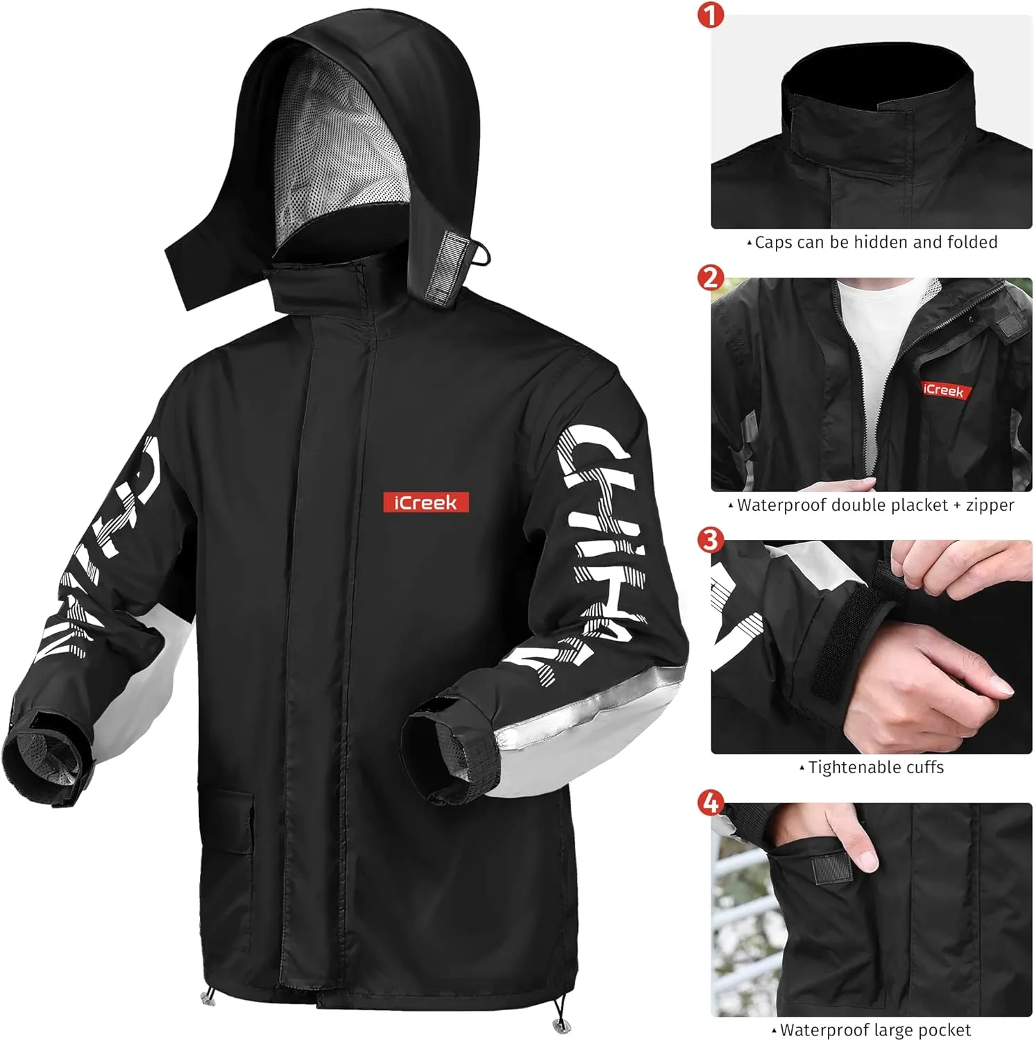 iCreek Motorcycle Rain Suit for Men and Women Waterproof Rain Gear Resistant Raincoat Outdoor Fashion with Hood