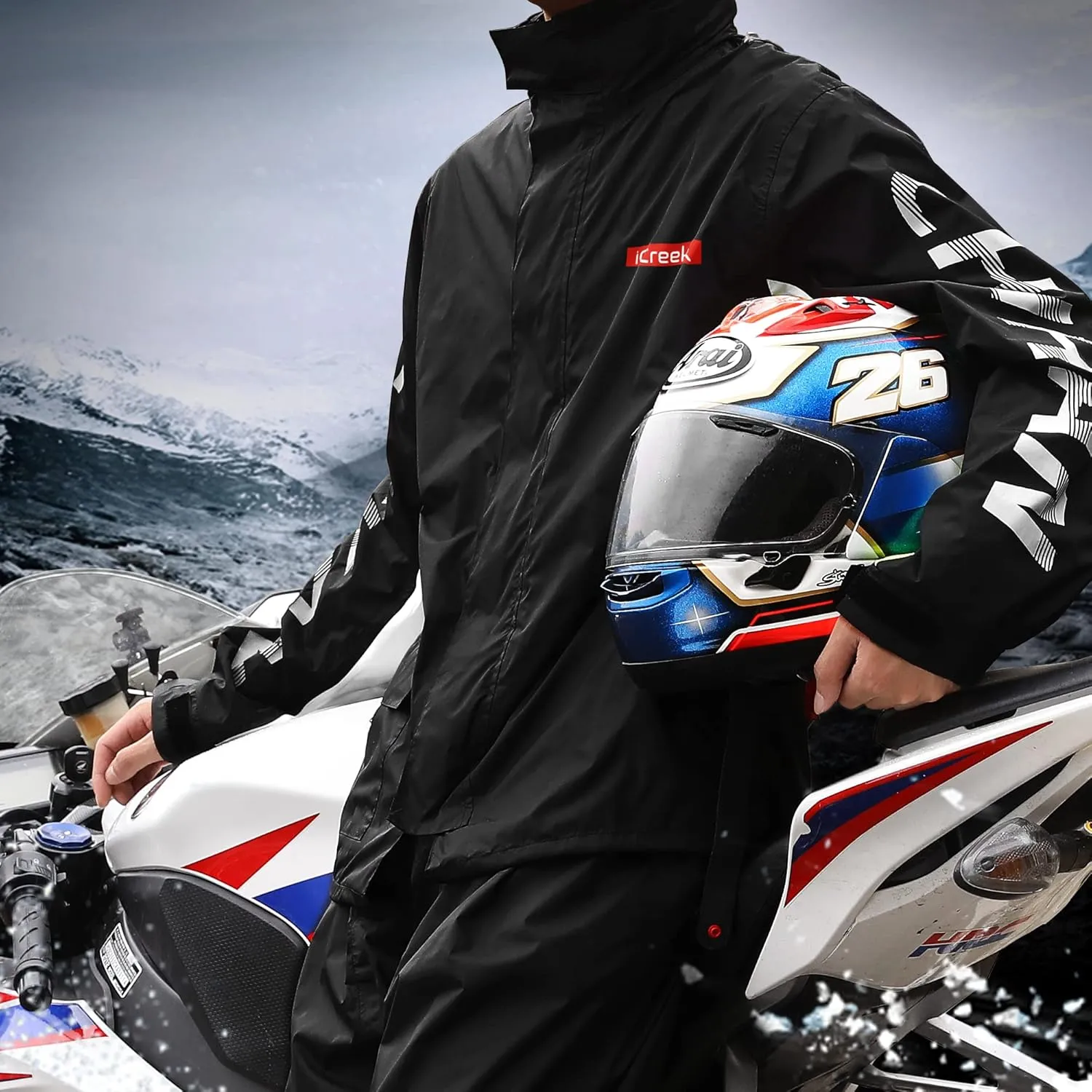 iCreek Motorcycle Rain Suit for Men and Women Waterproof Rain Gear Resistant Raincoat Outdoor Fashion with Hood