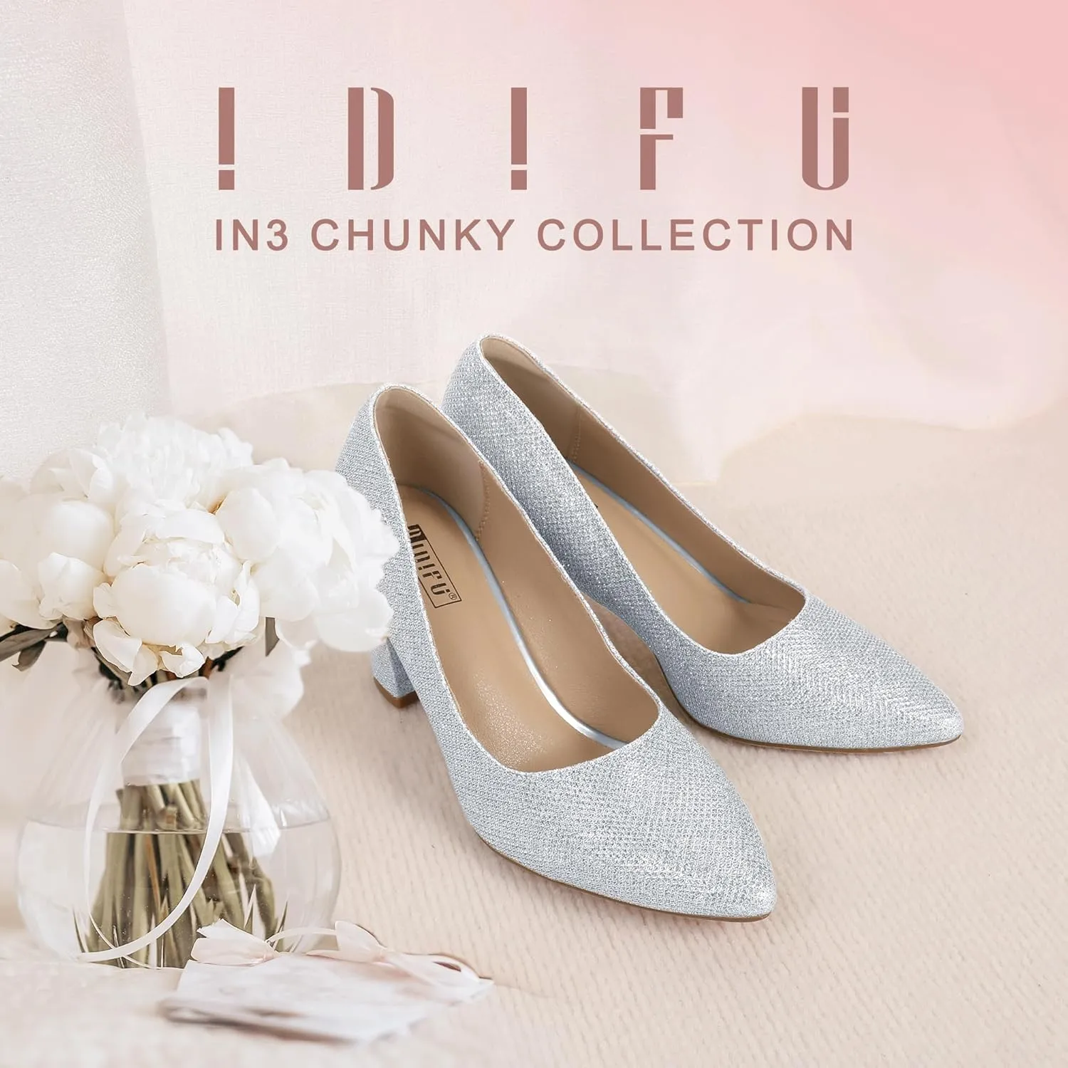 IDIFU Women's IN3 Classic Pumps Closed Toe Heels High Chunky Block Work Office Heels Comfortable Wedding Bridal Party Pointed Toe Dress Shoes for Women