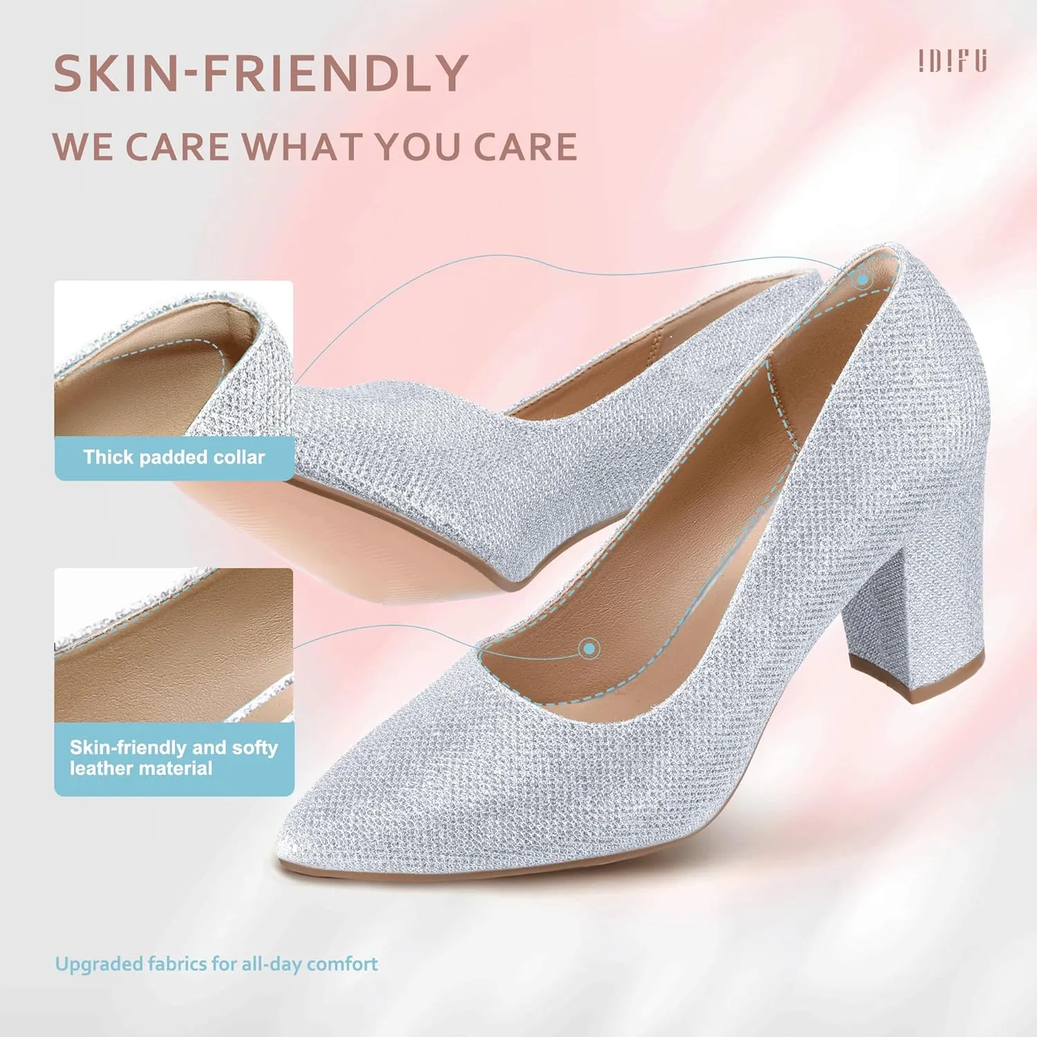 IDIFU Women's IN3 Classic Pumps Closed Toe Heels High Chunky Block Work Office Heels Comfortable Wedding Bridal Party Pointed Toe Dress Shoes for Women