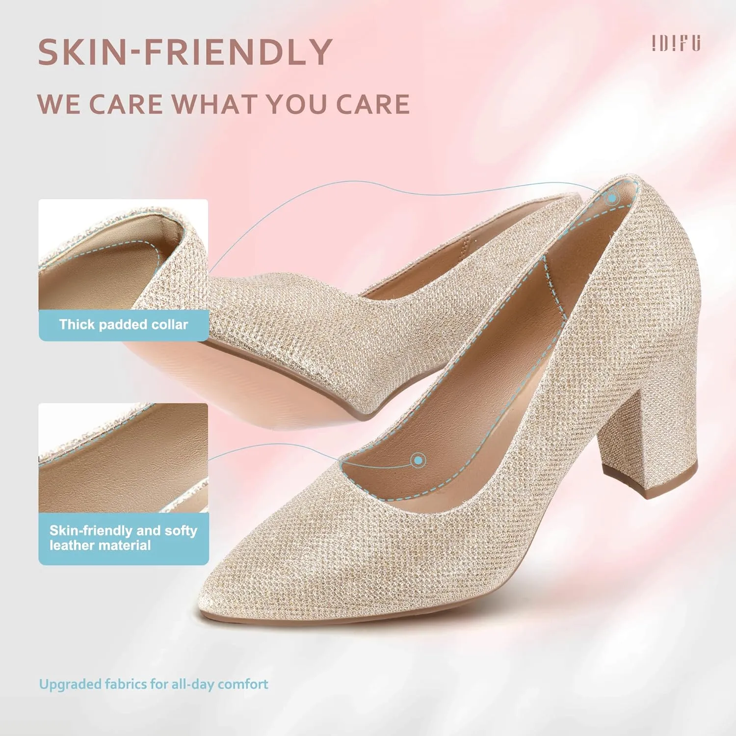 IDIFU Women's IN3 Classic Pumps Closed Toe Heels High Chunky Block Work Office Heels Comfortable Wedding Bridal Party Pointed Toe Dress Shoes for Women