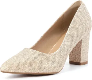 IDIFU Women's IN3 Classic Pumps Closed Toe Heels High Chunky Block Work Office Heels Comfortable Wedding Bridal Party Pointed Toe Dress Shoes for Women
