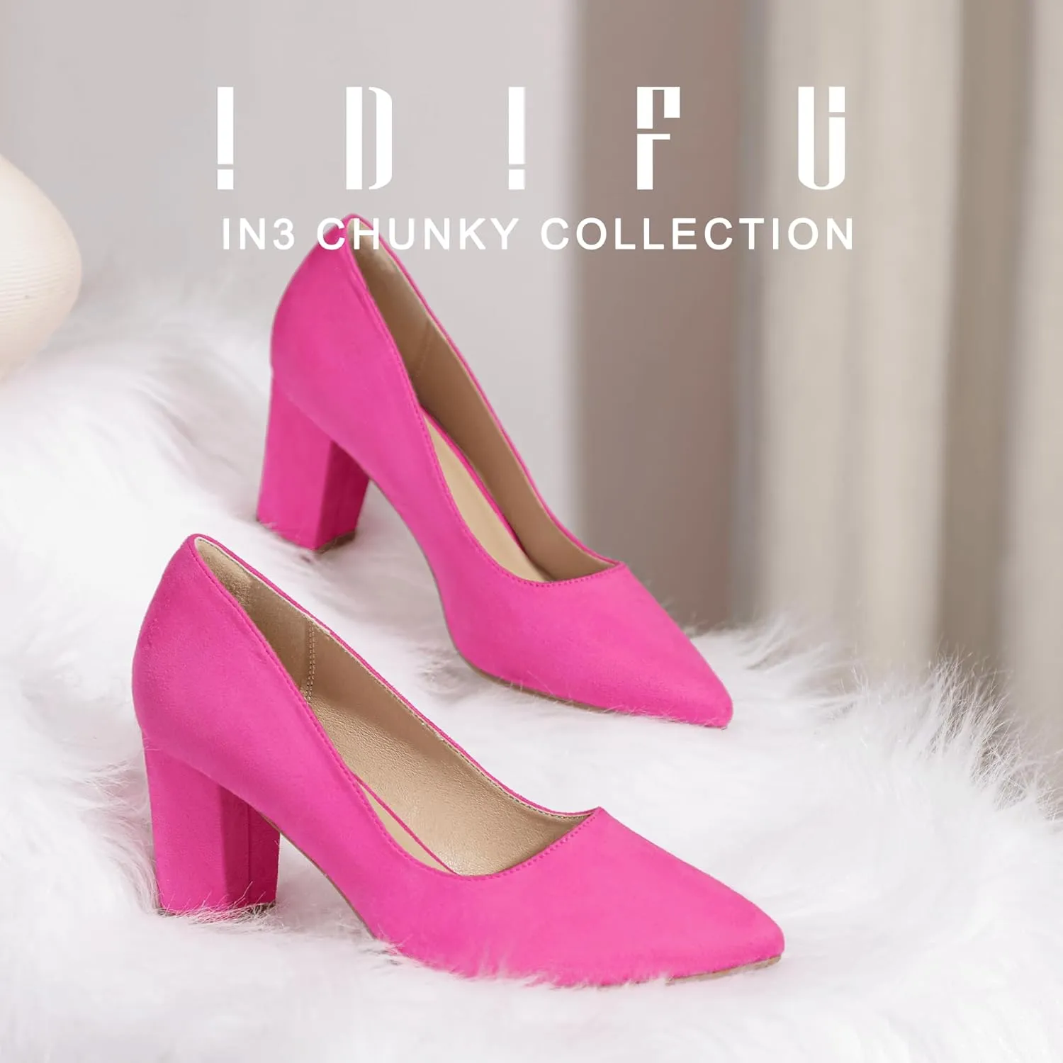 IDIFU Women's IN3 Classic Pumps Closed Toe Heels High Chunky Block Work Office Heels Comfortable Wedding Bridal Party Pointed Toe Dress Shoes for Women