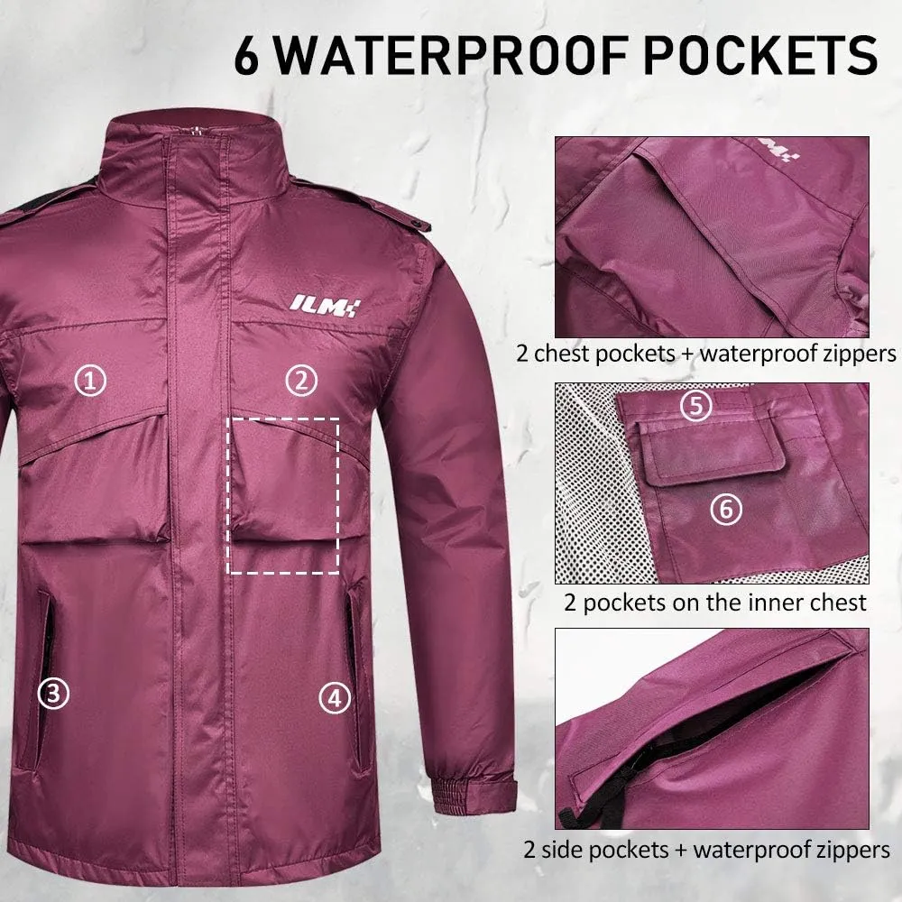 ILM Motorcycle Rain Suit for Women Waterproof Resistant Raincoat 6 Pockets 2 Pieces Packable Rainwear Jacket and Pants Model RS02