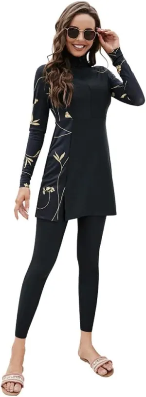 IMEKIS Women Muslim Swimsuits Modest Burkini Swimwear Islamic Long Sleeve Print Full Cover Swim Top Pants Bathing Suits