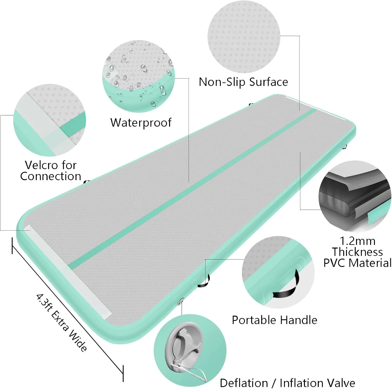 Inflatable Air Gymnastics Mat 10ft/13ft/16ft/20ft Tumbling Mat with Electric Pump 4.3ft Extra Wide 4 Inches Thich Tumble Track for Home Use/Training/Cheerleading/Yoga/Water
