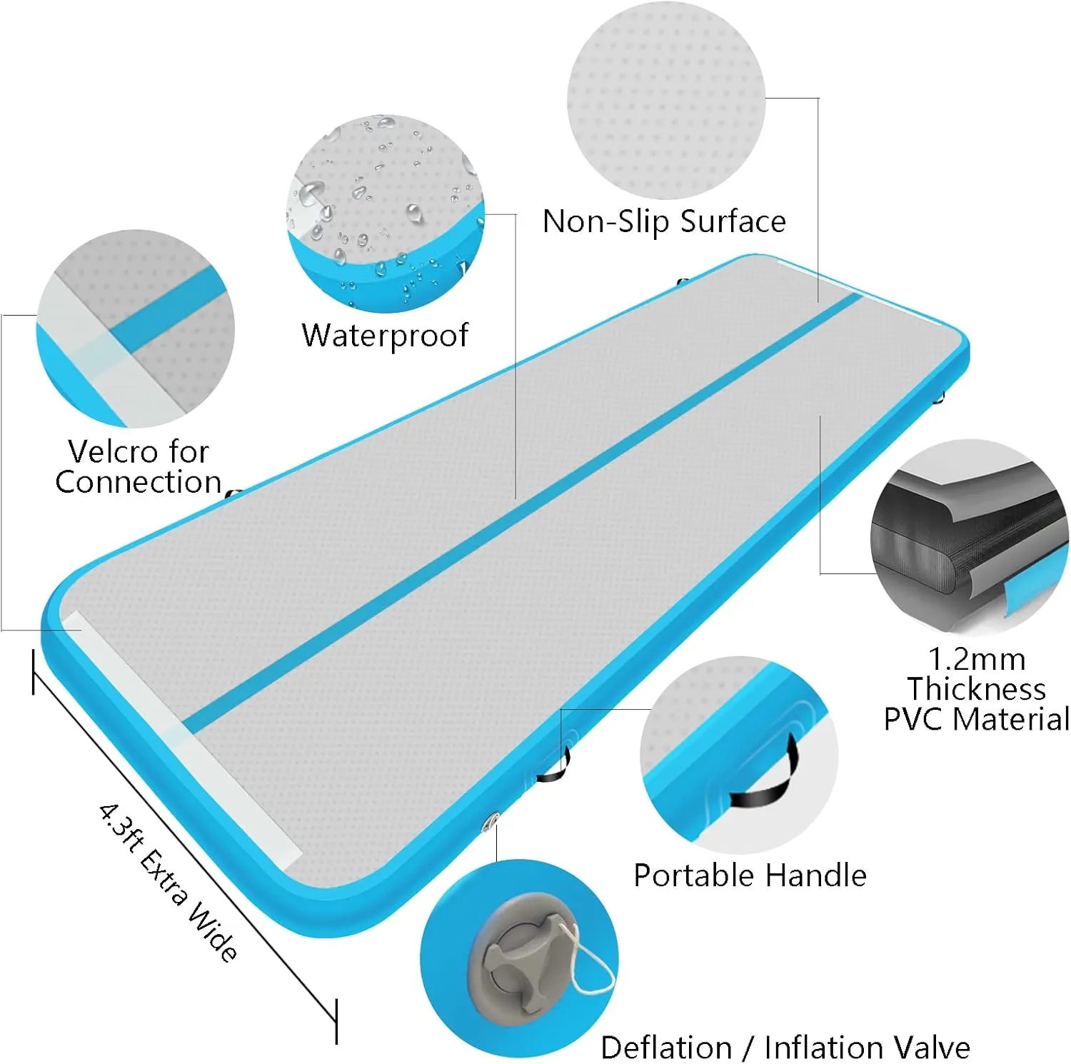 Inflatable Air Gymnastics Mat 10ft/13ft/16ft/20ft Tumbling Mat with Electric Pump 4.3ft Extra Wide 4 Inches Thich Tumble Track for Home Use/Training/Cheerleading/Yoga/Water