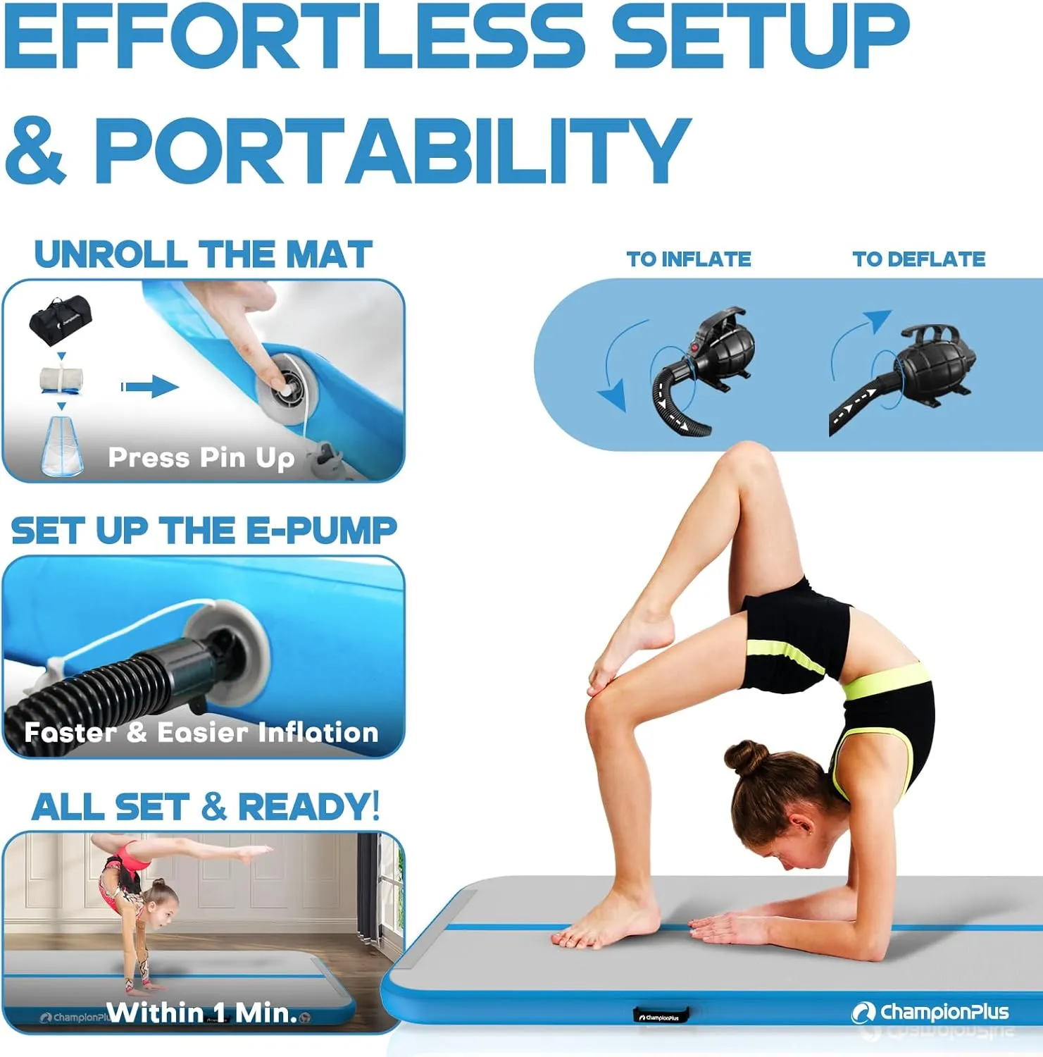 Inflatable Air Tumbling Mat Gymnastics Tumble track 4/8 inches Thickness Air Mats for Home Use/Training/Cheerleading/Water Yoga 10ft 13ft 16ft 20ft with Electric Air Pump