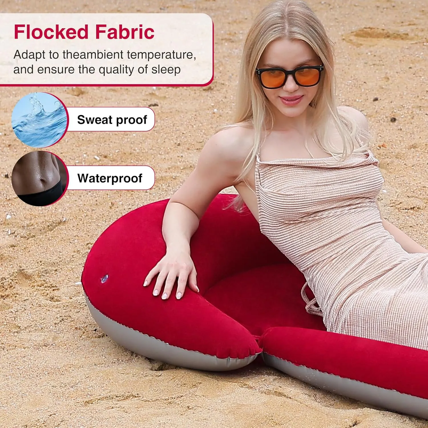 Inflatable Beach Mat, 70 x 29 Inch, Flocked Surface, Pillow Surround (Red)