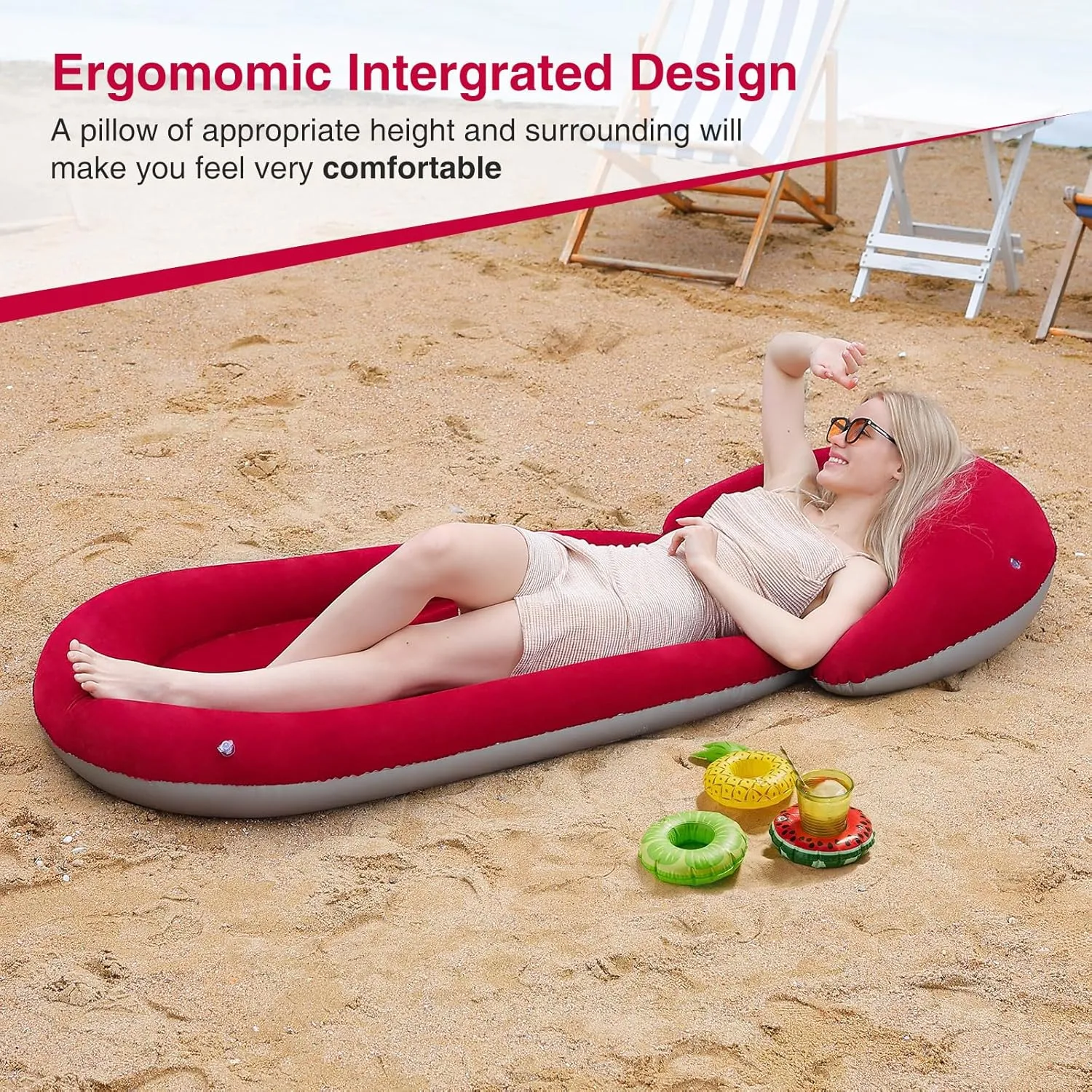Inflatable Beach Mat, 70 x 29 Inch, Flocked Surface, Pillow Surround (Red)