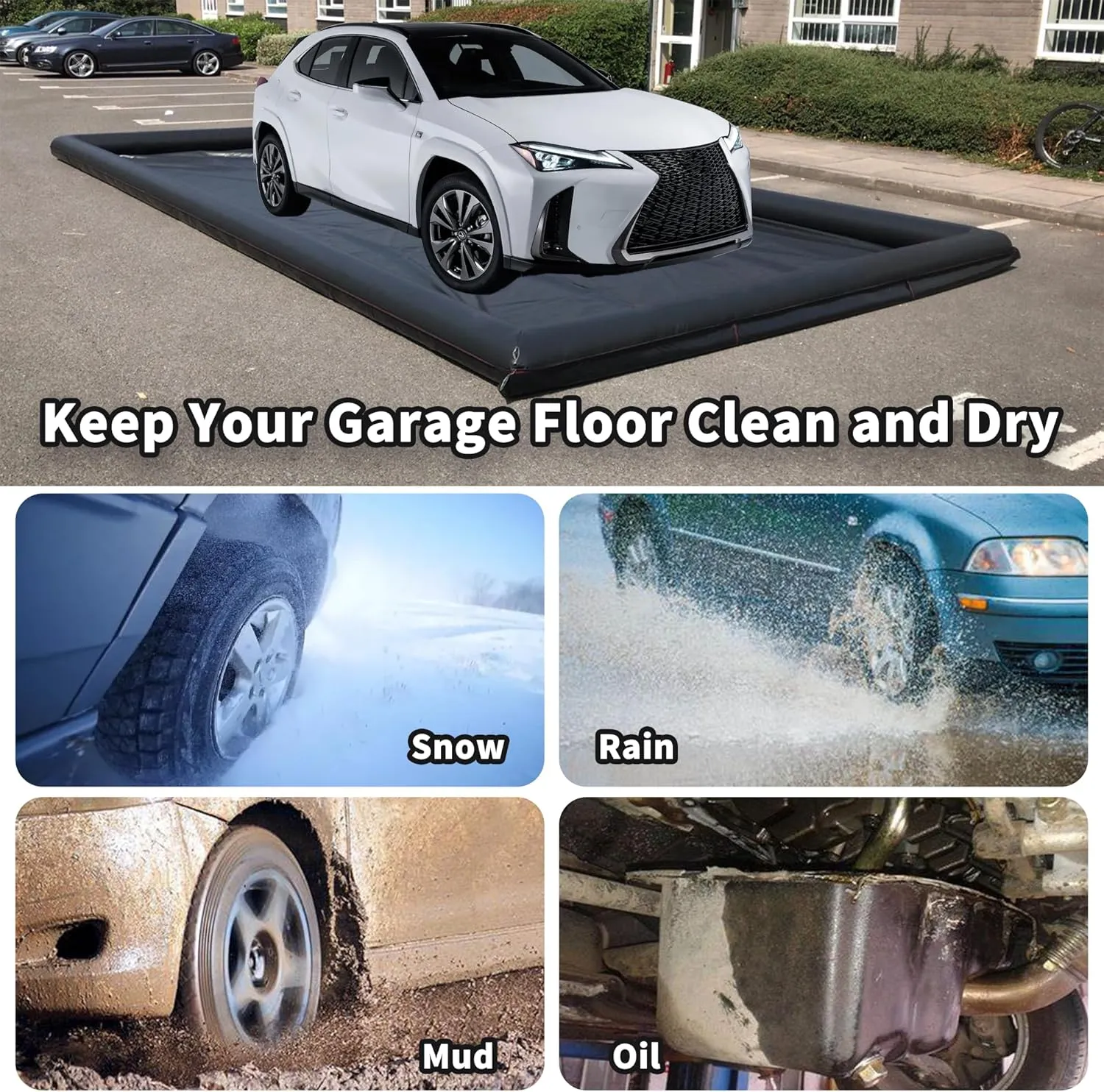 Inflatable Car Wash Mat 9.7' x 19.5' Containment PVC Garage Floor Mat Non-Slip Heavy Duty Waterproof Protection from Water, Snow, Rain, Mud and Oil Black for Cars