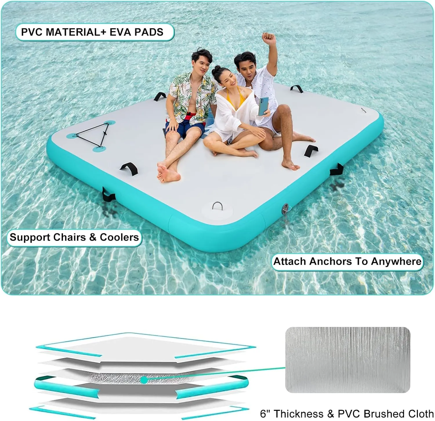 Inflatable Dock Floating Platform for Lakes 6 Inch Thick, Inflatable Island Water Floating Mats for Boating, River, Pool, Ocean, Inflatable Raft with Electric Air Pump