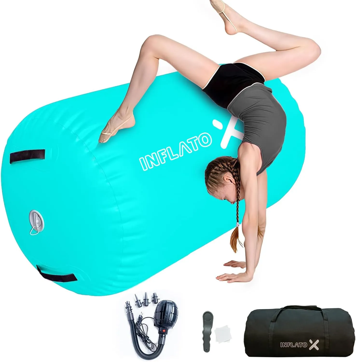 Inflatable Gymnastics Air Barrel Roller & Tumbling Mat with Pump - Air Spot Portable Training Equipment for Yoga, Backhandspring, Cheerleading Home, Gym Use