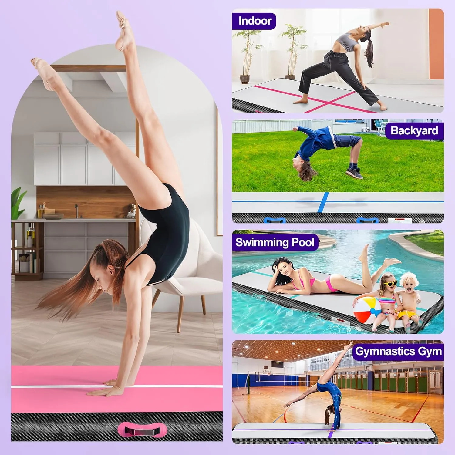Inflatable Gymnastics Mat 10ft/13ft/16ft/20ft/ Air Tumbling Track Mats 4/8 inches Thick for Home Use/Training/Cheerleading/Yoga/Water with Pump