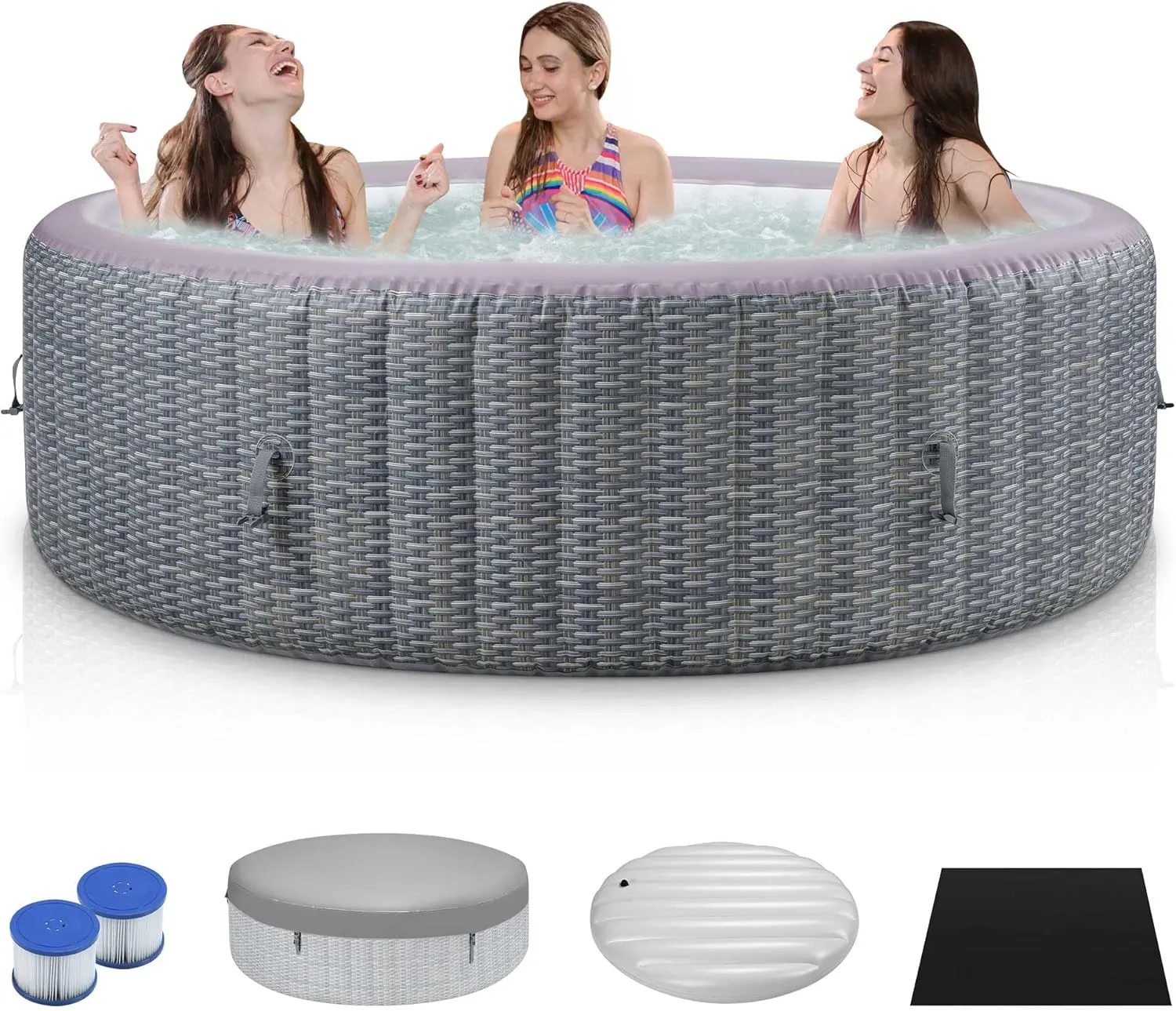 Inflatable Hot Tub Round Spa Set, Outdoor Bubble Massage Portable Hot Tubs, 4-6 Person Blow up Hot Tub with 130 Soothing Jets, Built in Heater Pump, 6 Filter Cartridges