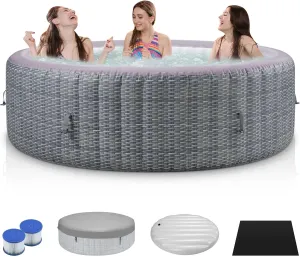 Inflatable Hot Tub Round Spa Set, Outdoor Bubble Massage Portable Hot Tubs, 4-6 Person Blow up Hot Tub with 130 Soothing Jets, Built in Heater Pump, 6 Filter Cartridges