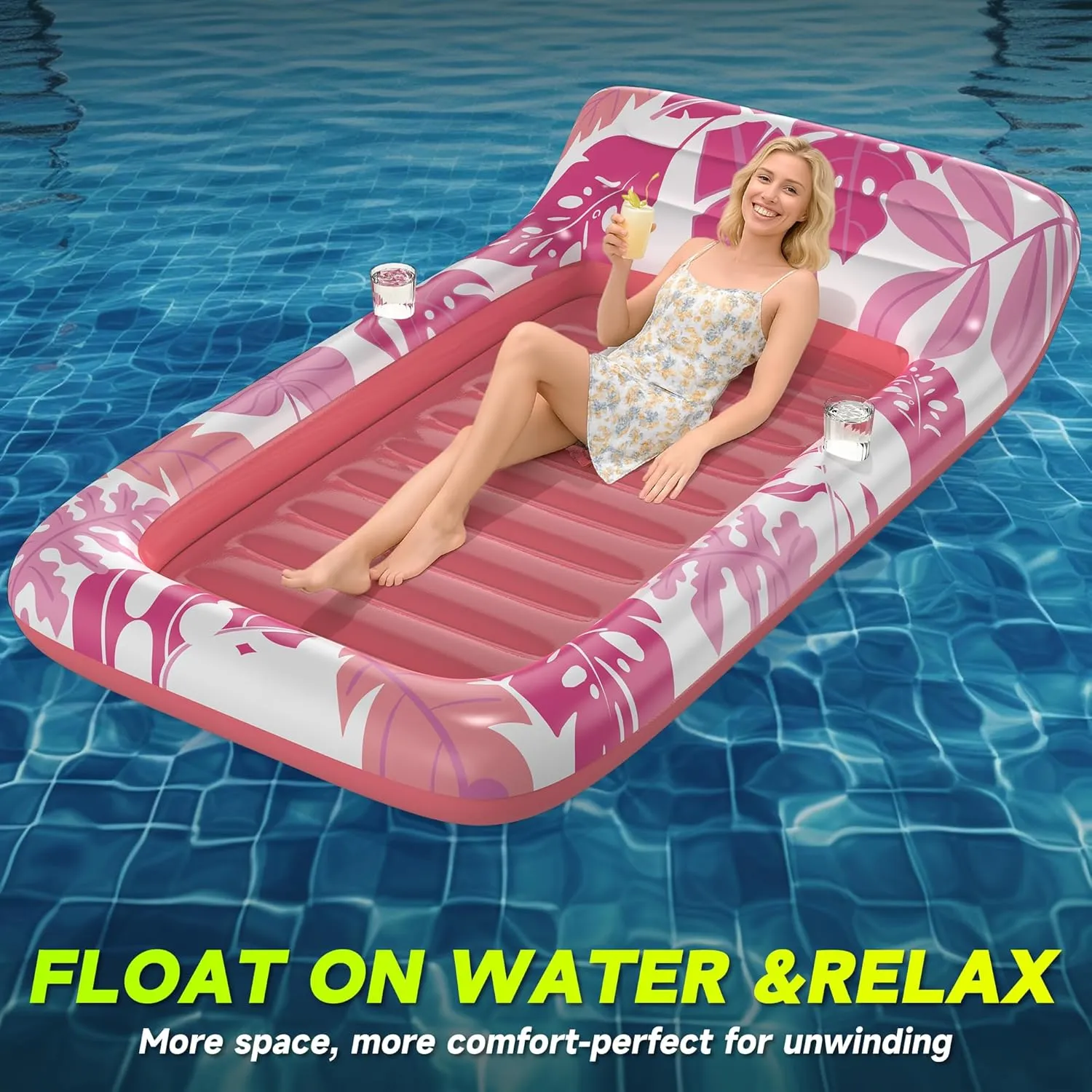 Inflatable Pool Floats Adult, 2 Pack Floating Lounge Chairs with Cup Holders, Heavy Duty Blow Up Pool Floats Chair for Summer Water Fun, Beach, Lake, or Pool Party