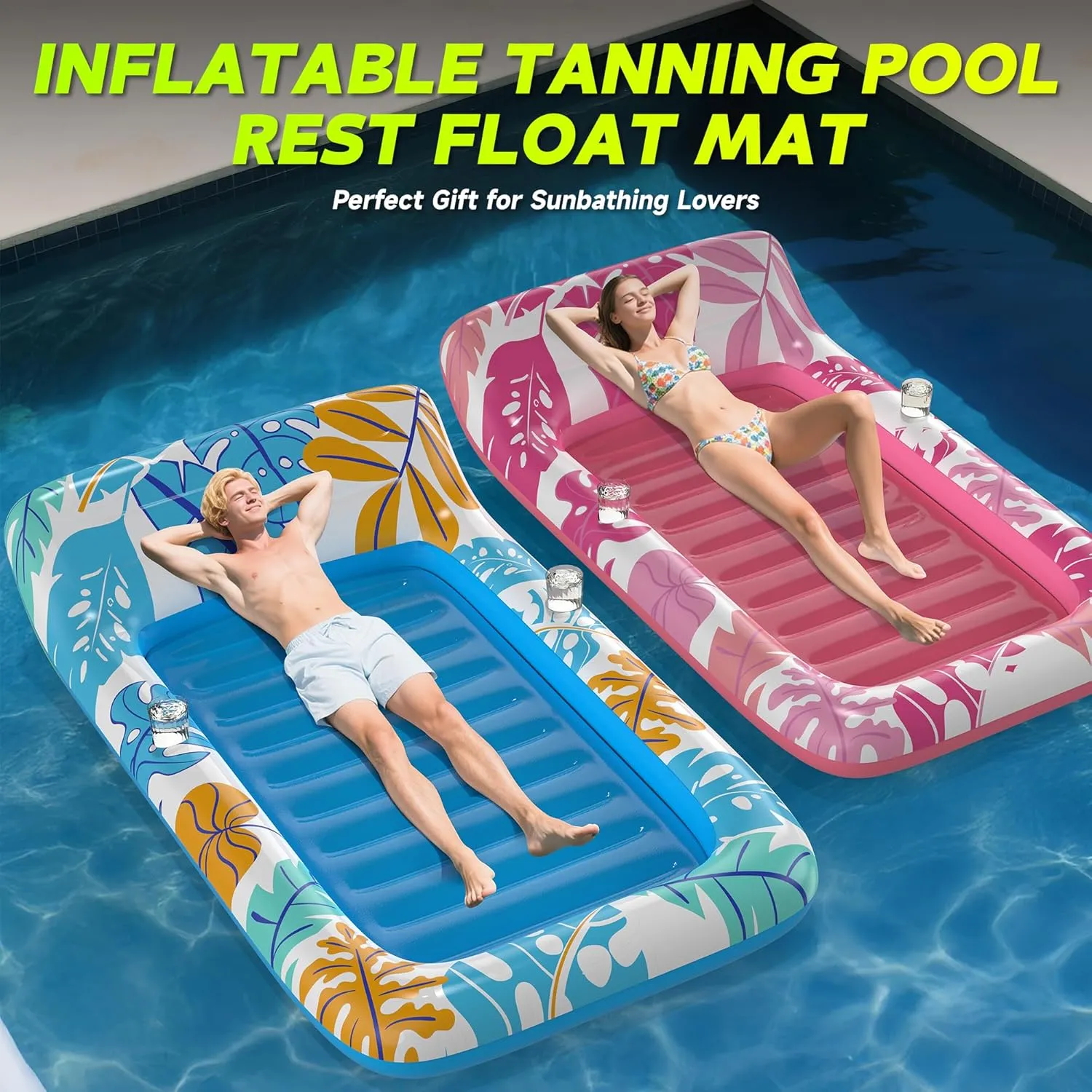 Inflatable Pool Floats Adult, 2 Pack Floating Lounge Chairs with Cup Holders, Heavy Duty Blow Up Pool Floats Chair for Summer Water Fun, Beach, Lake, or Pool Party