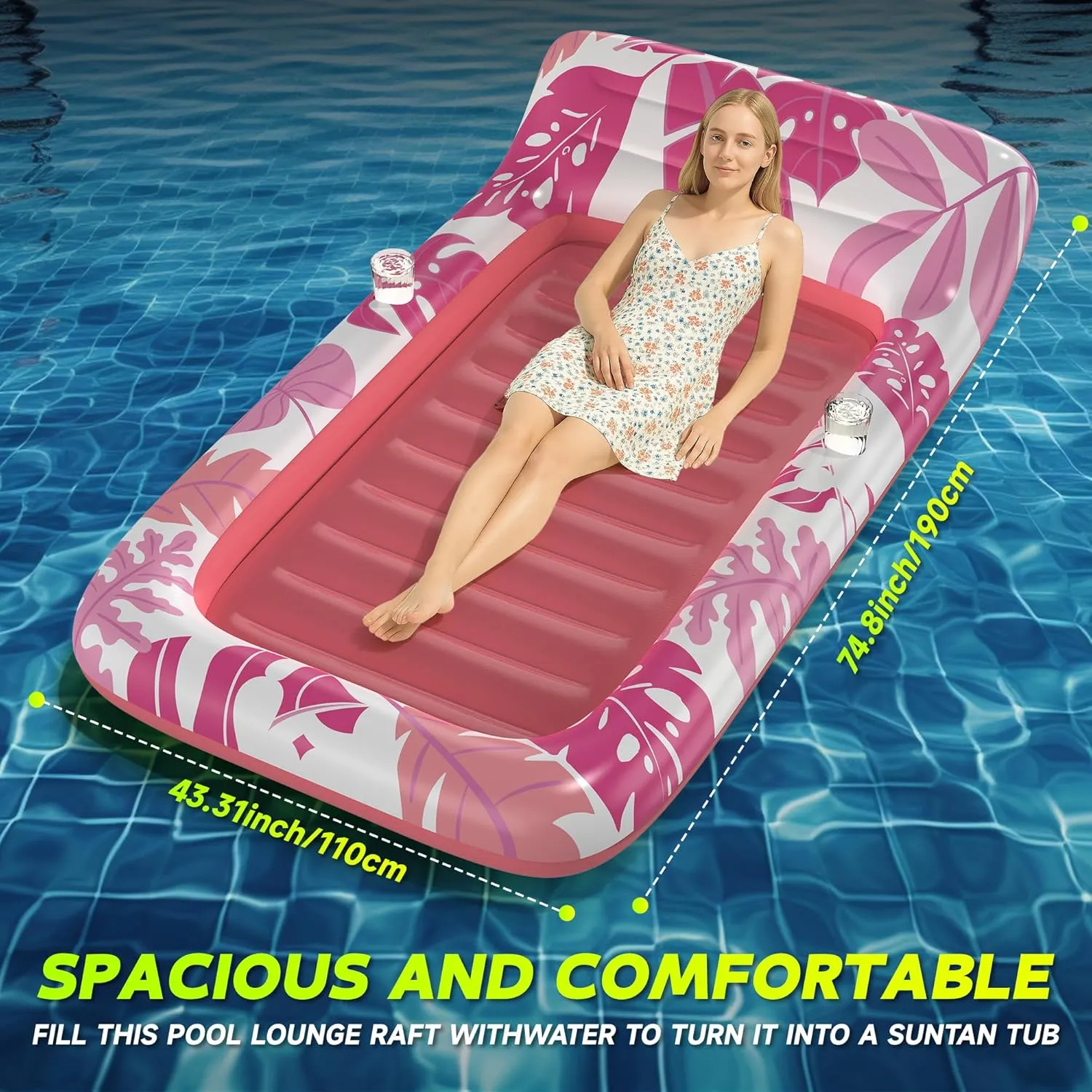 Inflatable Pool Floats Adult, 2 Pack Floating Lounge Chairs with Cup Holders, Heavy Duty Blow Up Pool Floats Chair for Summer Water Fun, Beach, Lake, or Pool Party
