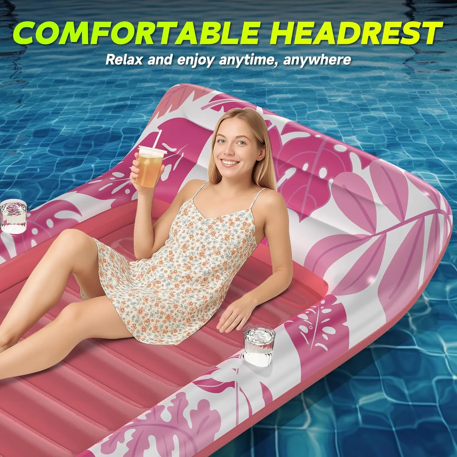 Inflatable Pool Floats Adult, 2 Pack Floating Lounge Chairs with Cup Holders, Heavy Duty Blow Up Pool Floats Chair for Summer Water Fun, Beach, Lake, or Pool Party
