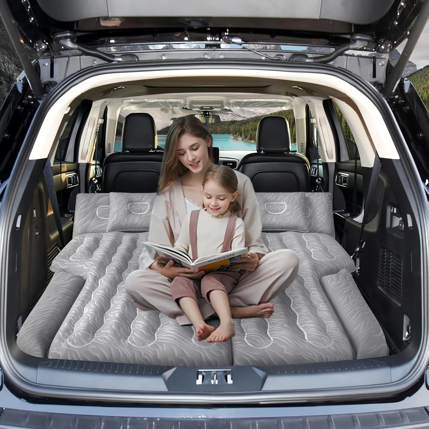 Inflatable SUV Air Mattress: Double-Sided Flocking Car Mattresses for Back SUV, Travel Camping SUV Sleeping Bed Mattress with Air Pump 2 Pillows