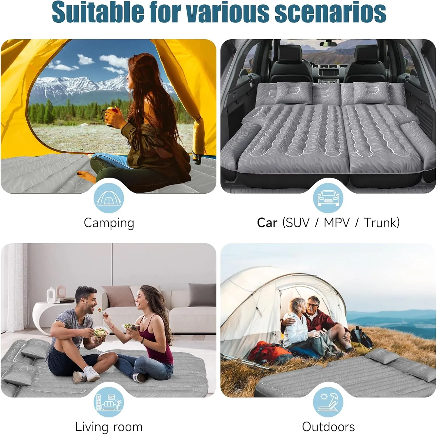 Inflatable SUV Air Mattress: Double-Sided Flocking Car Mattresses for Back SUV, Travel Camping SUV Sleeping Bed Mattress with Air Pump 2 Pillows