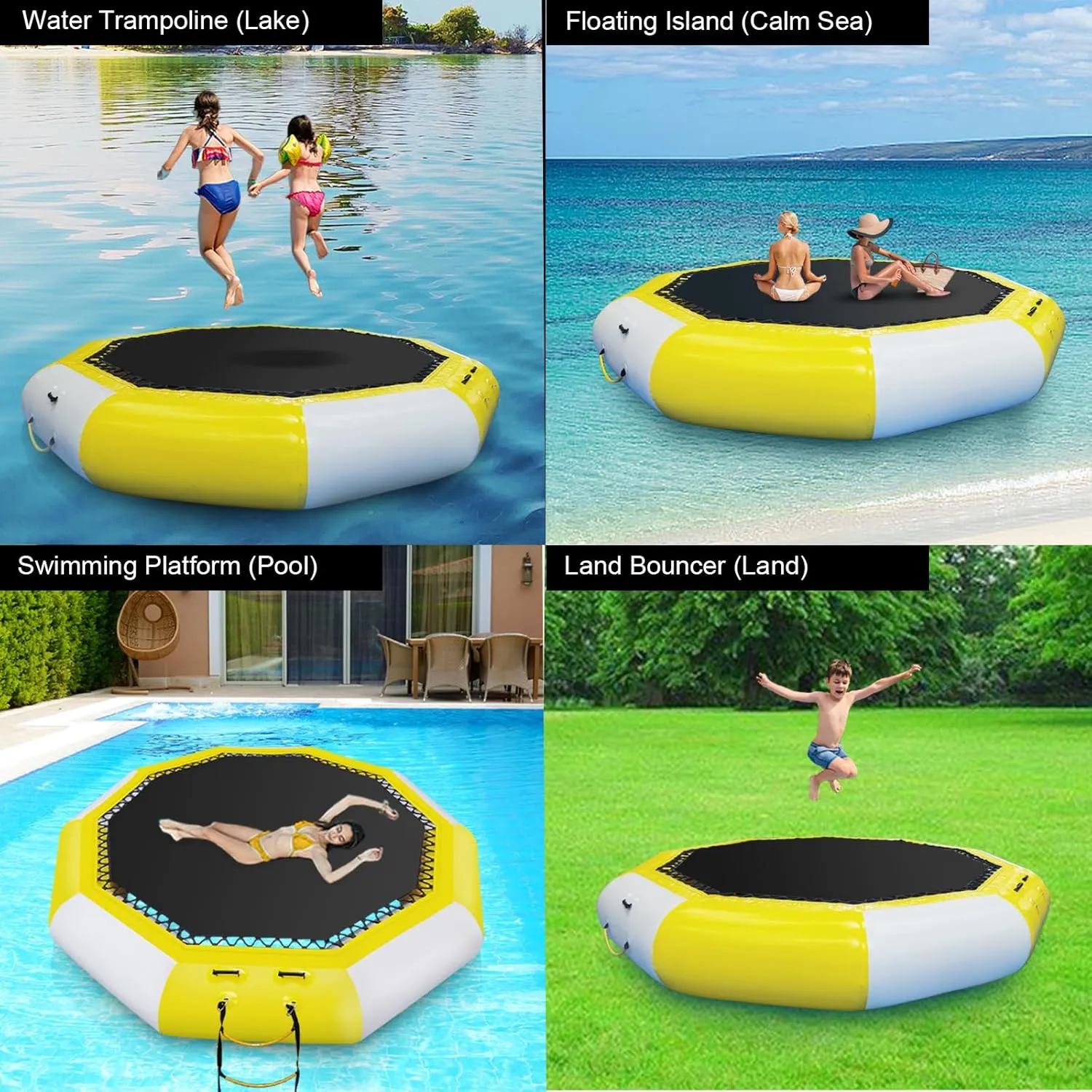 Inflatable Water Bouncer, 10FT/12FT Floating Rebounder w/Electric Pump, Rope Ladder, Kids & Adults Recreational Water Trampoline for Pool, Lake, Calm Sea