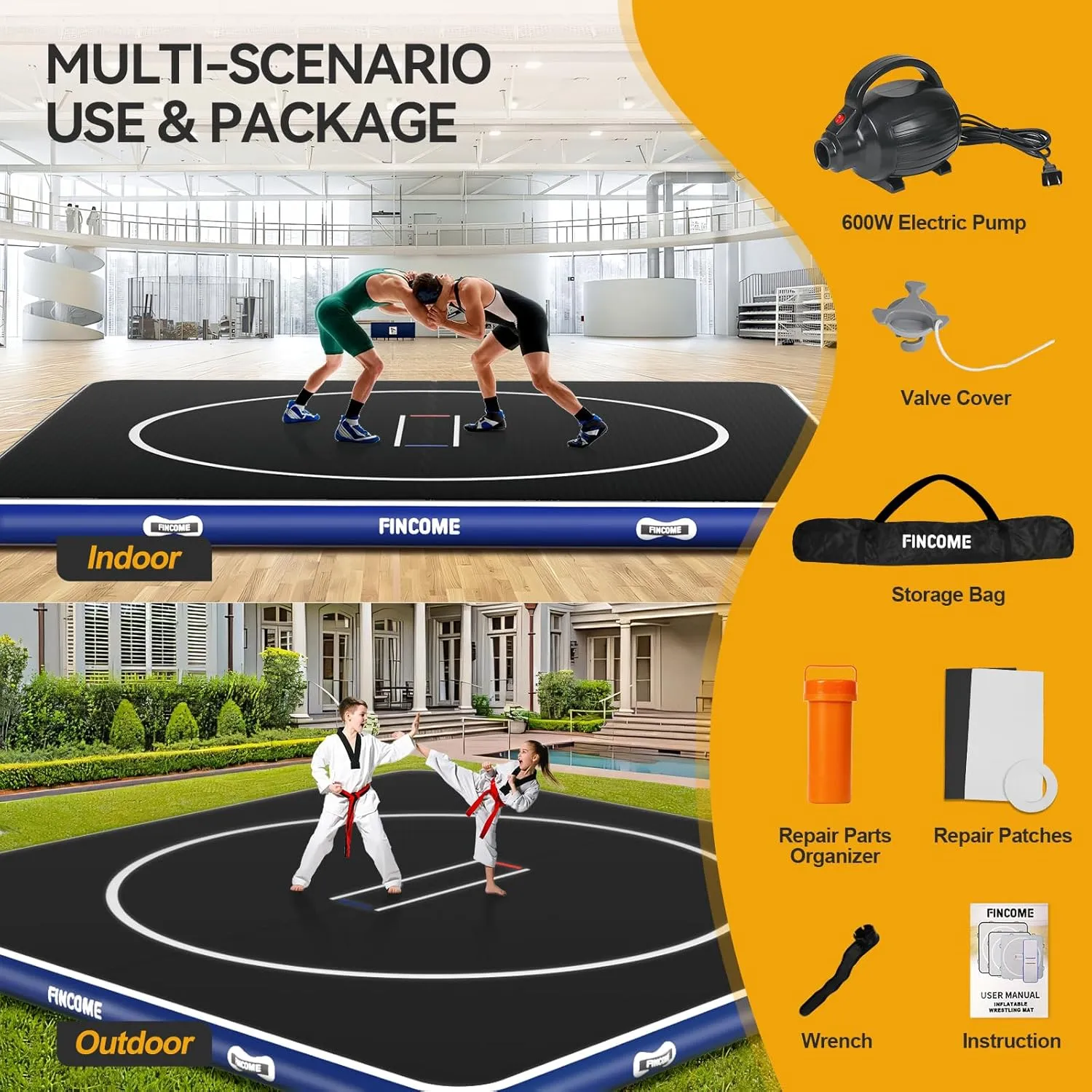 Inflatable Wrestling Mat 16ft/13ft/10ft, 4" Thick Foldable Jiu Jitsu Mats Wrestling Mats for Home Outdoor Indoor, Waterproof PVC Mat for Gymnastics, BJJ, MMA, Grappling, Judo, Boxing