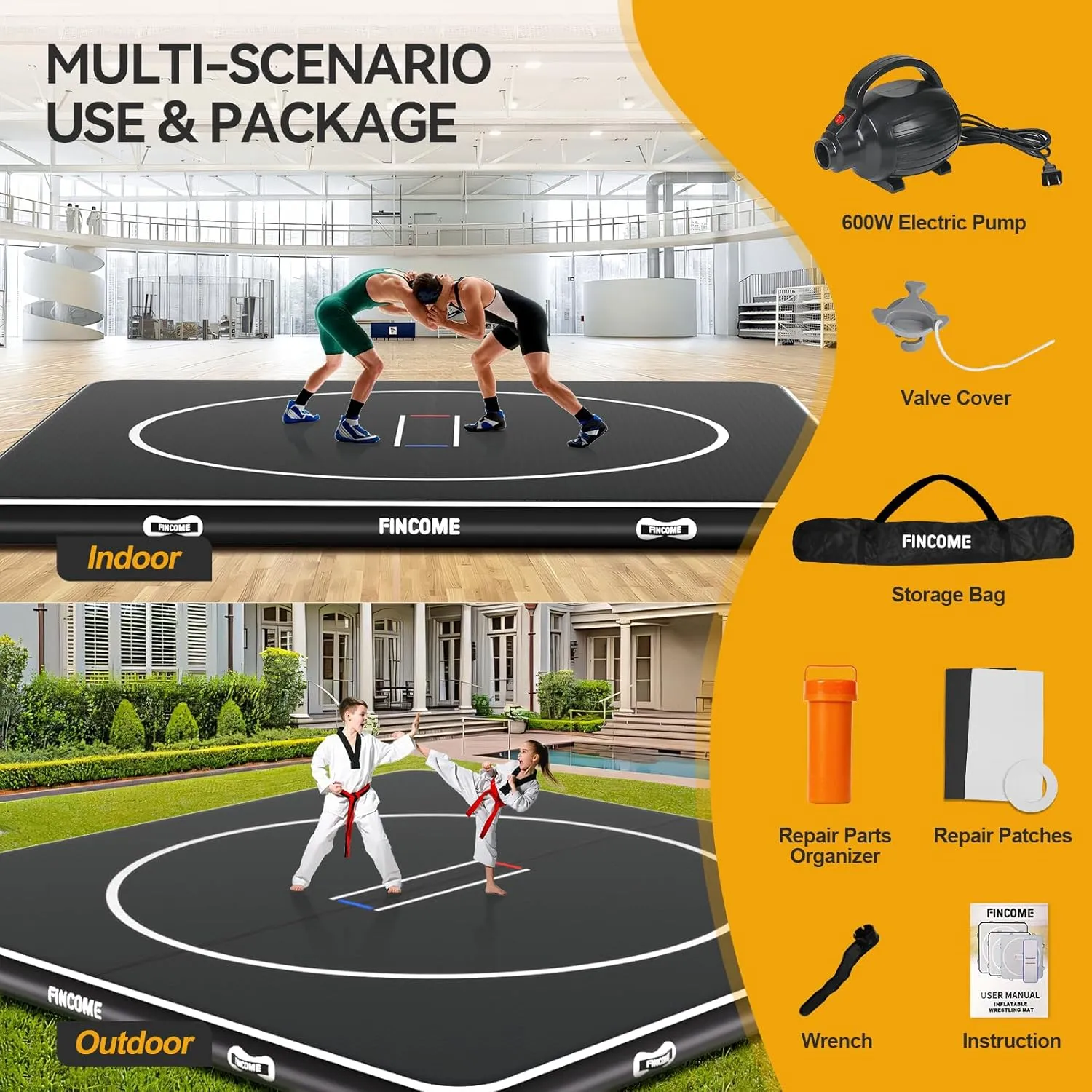 Inflatable Wrestling Mat 16ft/13ft/10ft, 4" Thick Foldable Jiu Jitsu Mats Wrestling Mats for Home Outdoor Indoor, Waterproof PVC Mat for Gymnastics, BJJ, MMA, Grappling, Judo, Boxing