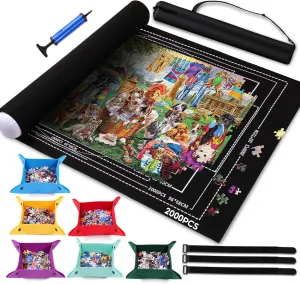 Jigsaw Puzzle Mat Roll Up to 1000 1500 2000 Piece Portable Table Puzzle Board Mat Saver Keeper with 6 Sorting Trays, Storage Bag, Inflatable Roller, Smooth Top & Non-Slip Felt Bottom for Kids Adults