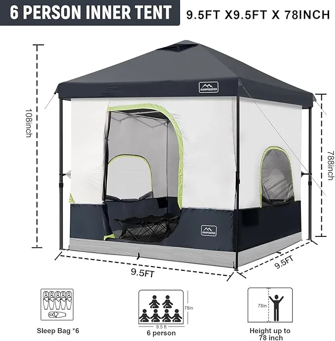 KAMPKEEPER 6 Person Camping Tent, 10x10 Pop Up Canopy Tent with Camping Cube, Converts 10'x10' Straight Leg Canopy into Camping Inner Tent–Fully Vented Roof(Canopy & Frame Included)