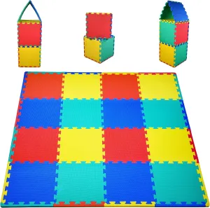 KC Cubs Soft & Safe Non-Toxic Children’s Interlocking Multicolor Exercise Puzzle EVA Play Foam Mat for Kids’ Floor & Nursery Room, 16 Tiles, 4 Colors, 11.5” x 11.5”, 24 Borders (EVA001)