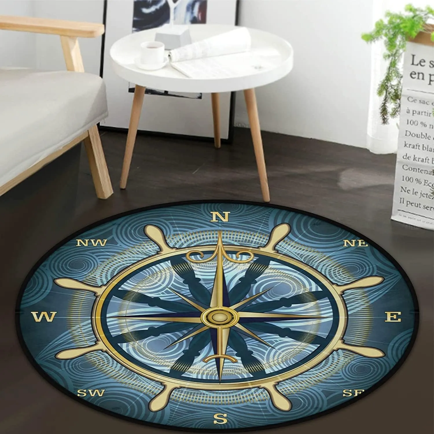 keepcute Blue Compass Rose Non-Slip Doormat Gold Nautical Theme Non-Slip Floor Mat Round Area Rug Carpet for Bedroom Living Room Study Playing Carpet, 6 ft