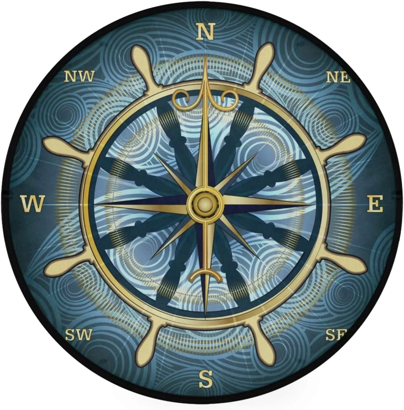 keepcute Blue Compass Rose Non-Slip Doormat Gold Nautical Theme Non-Slip Floor Mat Round Area Rug Carpet for Bedroom Living Room Study Playing Carpet, 6 ft