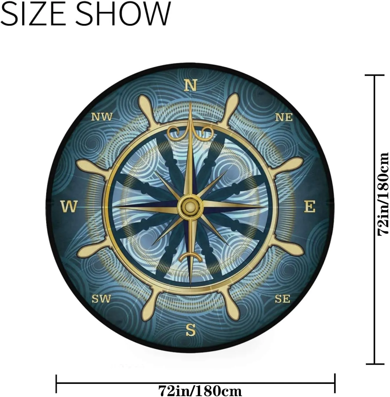 keepcute Blue Compass Rose Non-Slip Doormat Gold Nautical Theme Non-Slip Floor Mat Round Area Rug Carpet for Bedroom Living Room Study Playing Carpet, 6 ft