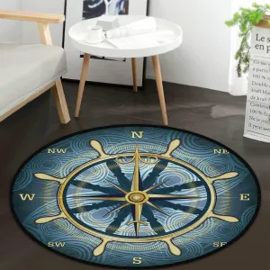 keepcute Blue Compass Rose Non-Slip Doormat Gold Nautical Theme Non-Slip Floor Mat Round Area Rug Carpet for Bedroom Living Room Study Playing Carpet, 6 ft