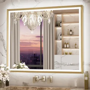 Keonjinn 40” x 32” LED Mirror for Bathroom with Frontlit & Backlit, Brushed Gold Framed Mirror with Lights, Wall Mounted Mirror with Defogging, Stepless 3 Color Lights, Dimmable (Horizontal/Vertical)