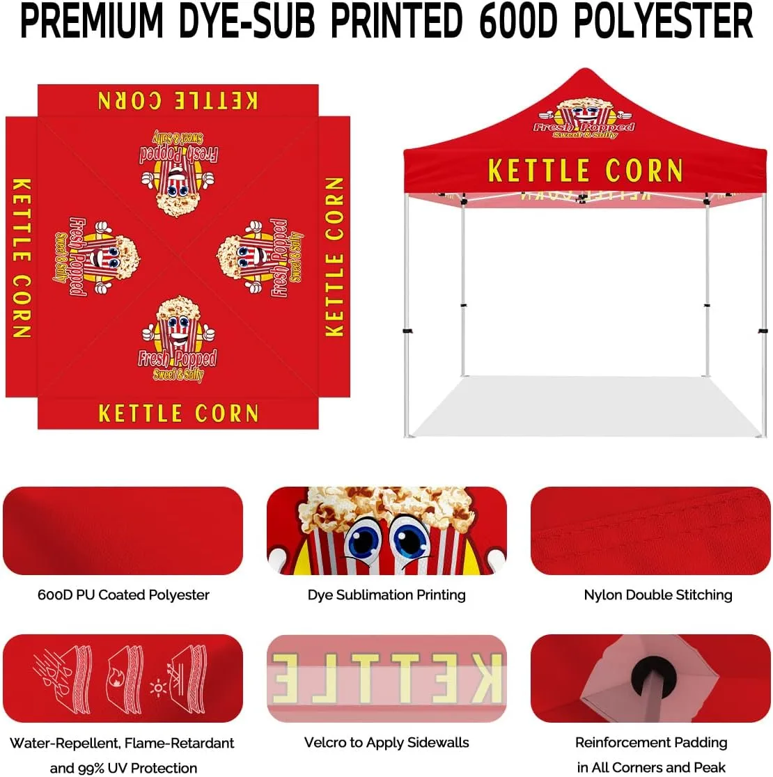 Kettle Corn Themed Pop Up Canopy Tent, 10x10 Heavy Duty Business Tent for Fresh Popped Kettle Corn with Roller Bag, Back Wall, Sidewalls and Rails