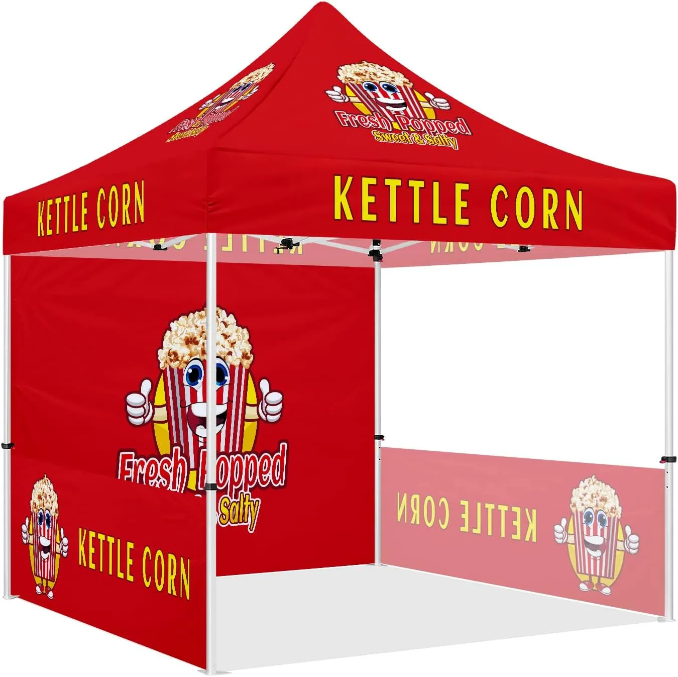 Kettle Corn Themed Pop Up Canopy Tent, 10x10 Heavy Duty Business Tent for Fresh Popped Kettle Corn with Roller Bag, Back Wall, Sidewalls and Rails
