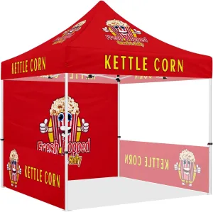 Kettle Corn Themed Pop Up Canopy Tent, 10x10 Heavy Duty Business Tent for Fresh Popped Kettle Corn with Roller Bag, Back Wall, Sidewalls and Rails