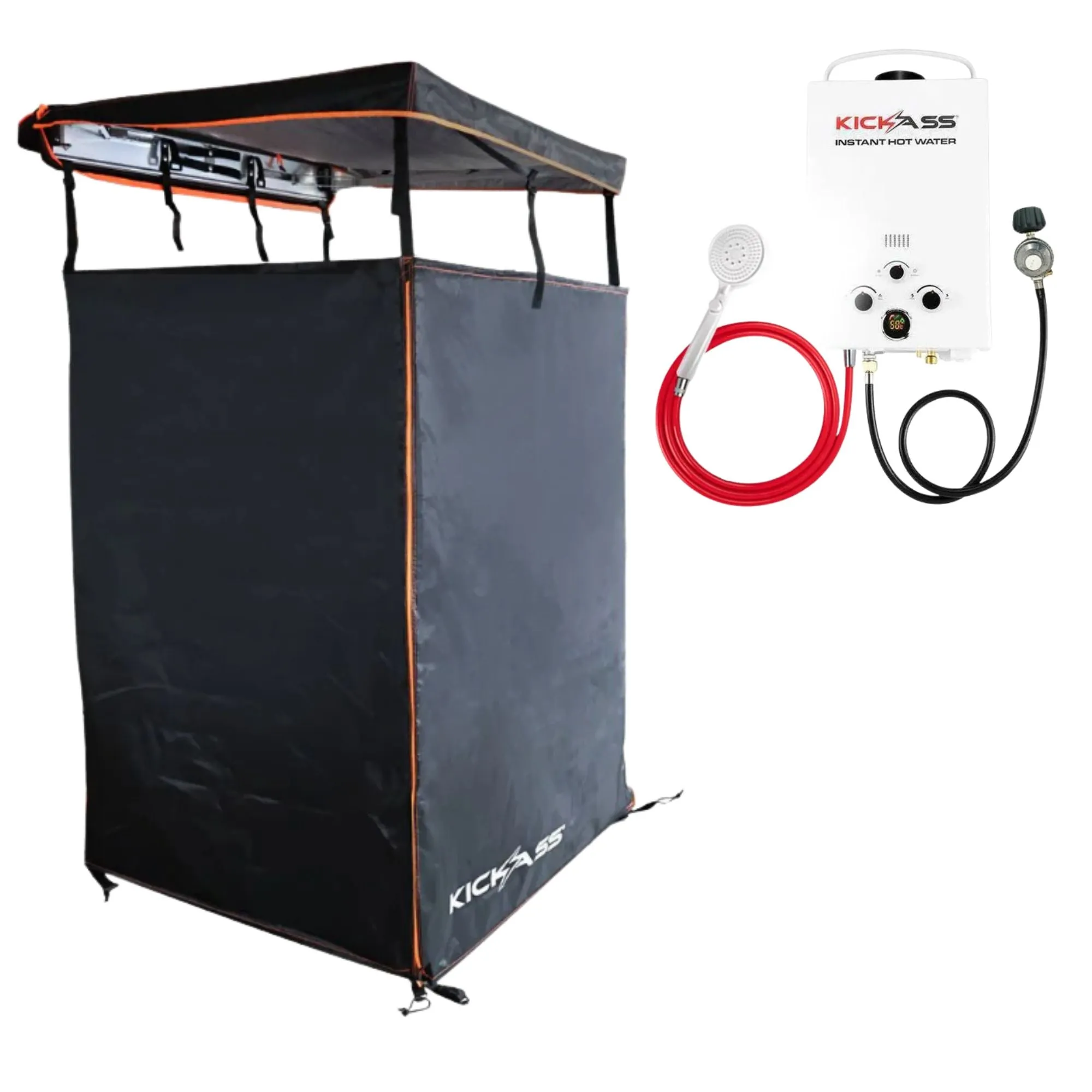 KickAss Black & Orange Shower Tent and 6L Hot Water System Bundle